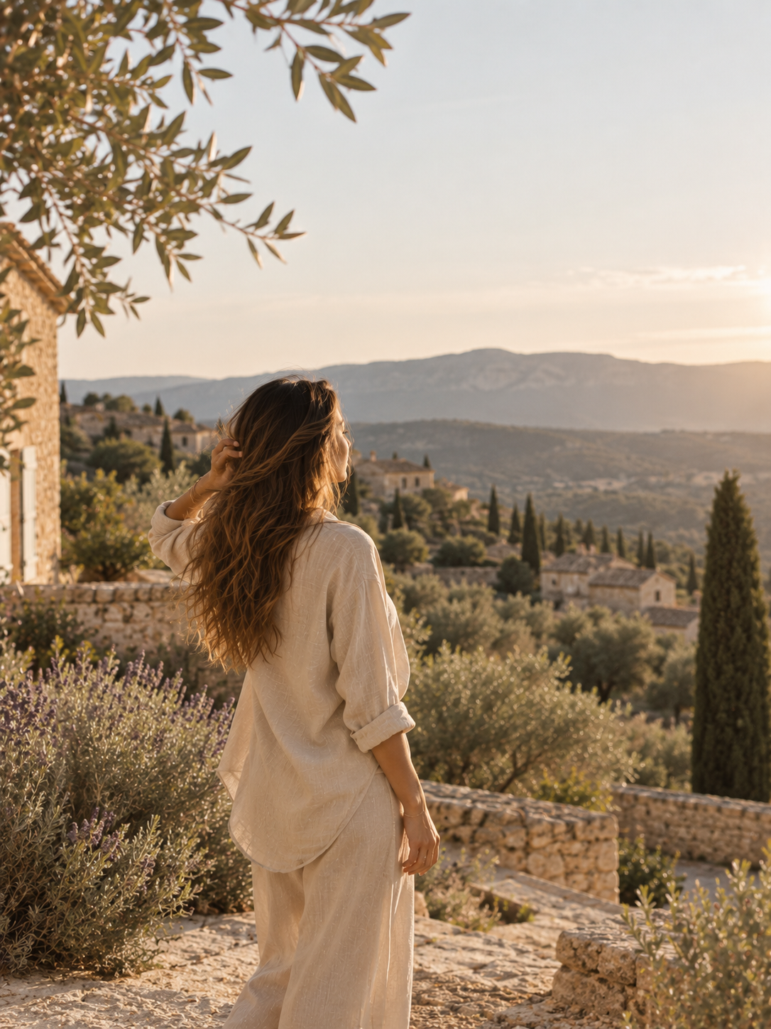 Femme en lin face à un paysage provençal, lavande et cyprès