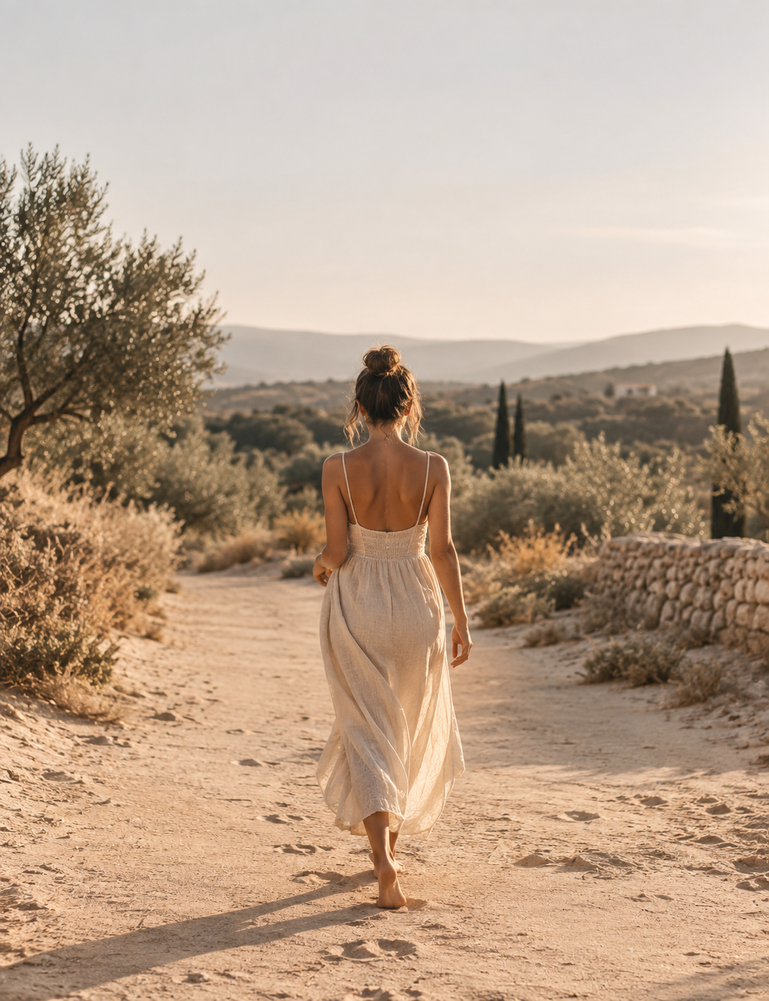 Femme marchant sur un chemin provençal, retrouver son équilibre dans le Var